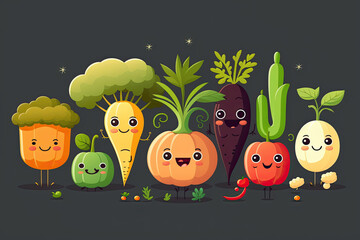 Colorful images of cute vegetables and fruits. Flat design objects for illustration. Cartoon food characters for kids. Generative AI