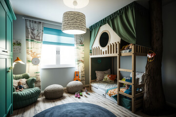 Kids room with bunk beds and toys in a residential family house, generative ai