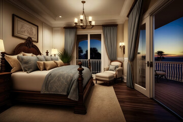 Lavish master bedroom with king-size bed and private balcony, generative ai