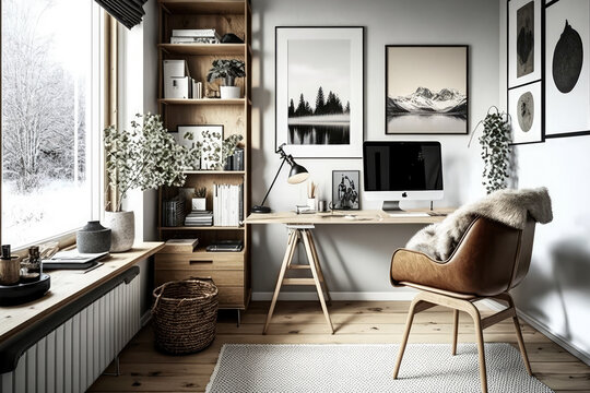 Inviting scandinavian home office with natural wood accents, generative ai