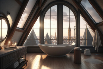 Luxurious attic bathroom with freestanding bathtub and city view, generative ai
