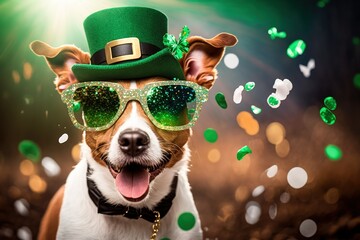 Happy dog wearing St. Patrick's Day costume. Festive funny banner with copy space. Generative AI Illustration - obrazy, fototapety, plakaty