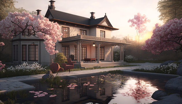 Villa with garden and pool, flowers, 3d render, generative ai