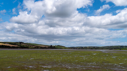 Open seabed after low tide, swamp area. Green hilly landscape on a summer. White cumulus clouds in a blue sky. Irish landscape. The coast of Clonakilty Bay, County Cork. European landscape