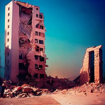 Ruined building, destroyed, rubble, disaster, earthquake