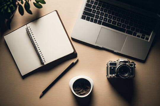 View From Above Of Cozy Office With Notebook On White Desk Background And Office Supplies. Generative AI