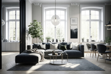 Fototapeta na wymiar Luxurious modern scandinavian apartment with sleek furniture and natural light, generative ai