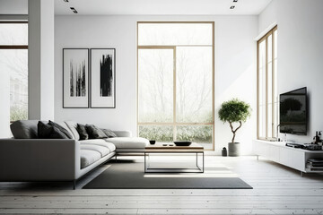 Fototapeta na wymiar Minimalist living room with clean lines and focus on functionality, generative ai