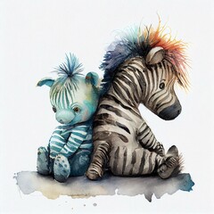 Fluffy Cozi Baby Zebras Boy & Girl Sit Together. Watercolor Style. AI Generated