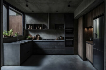 Minimalistic modern kitchen with dark wooden cabinets and concrete walls, generative ai