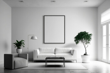Minimalistic modern wall with a blank poster frame in a stylish living room, generative ai
