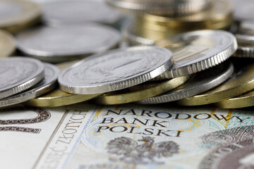 A group of Polish coins lies on a banknote