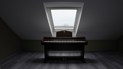 Piano Standing in an Empty Room in the Attic
