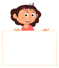Funny cartoon girl holding white board. Blank banner template