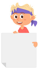Happy boy with big paper note. Blank banner template