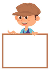 Laughing kid with empty bilboard. Cartoon kid with placard