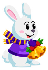 Fototapeta na wymiar Cartoon bunny with christmas bell. Happy winter holiday mascot