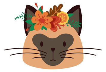 Decorative cat in flower crown. Cute pet head