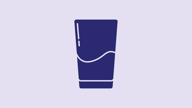 Blue Glass with water icon isolated on purple background. Soda glass. 4K Video motion graphic animation