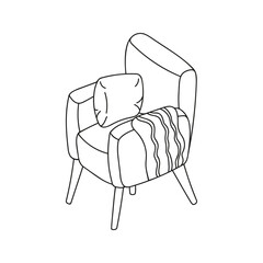 Hand drawn cute armchair with plaid. Doodle vector illustration