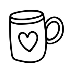 Hand drawn tea or cocoa mug with heart. Doodle vector illustration