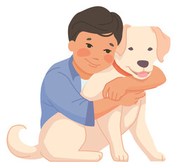 Smiling boy playing with puppy. Loving domestic pet