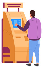 Man using atm rear view. Banking card machine