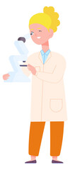 Woman look into microscope. Cute cartoon scientist character