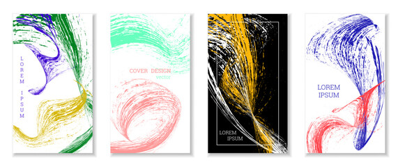 Drawn strokes, waves. Abstract cover. Set of 4 covers, vector.