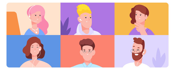 People in windows talking. Video seminar. Group call