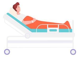 Boy laying on hospital bed. Kid patient character