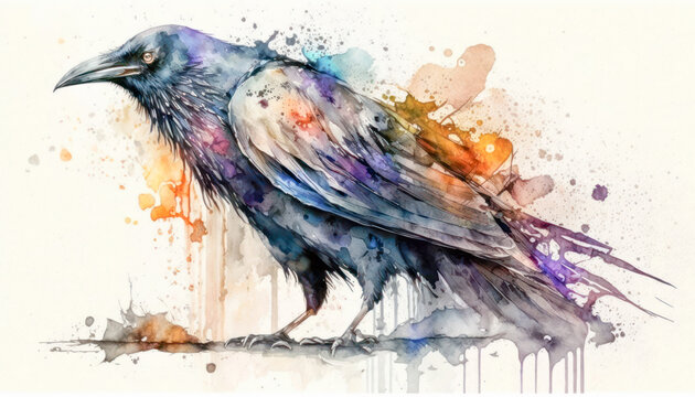 Black crow watercolor paint art. Generative AI