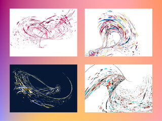 Multi-colored dust particles and debris, paint splashes, strokes are carried by the wind. Murmuration. Set of 4 design templates for the design of banners, posters. EPS 10