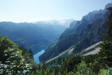Fototapeta na wymiar The view from a cable car to Gosau lake, Austria 
