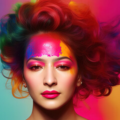 Obraz premium Generative AI abstract multicoloured long wavy hairs portrait of gorgeous woman with bright creative make up, abstract hairstyle. rainbow clouds, Beauty and fashion concept, face paint