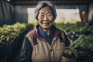 Elderly Asian Woman at a Garden Store or Greenhouse (Created with Generative AI)