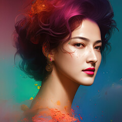 Fototapeta premium Generative AI abstract multicoloured long wavy hairs portrait of gorgeous woman with bright creative make up, abstract hairstyle. rainbow clouds, Beauty and fashion concept