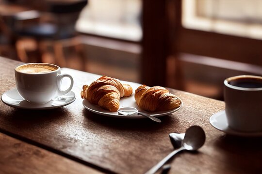 Breakfast table in a coffee shop with a croissant, a cup of coffee and a glass of milk over a wood table. Generative AI