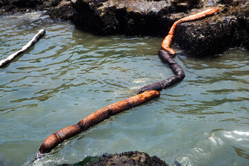 oil spills on the beaches of the pacific ocean with contaminated rocks of repsol company in lima...