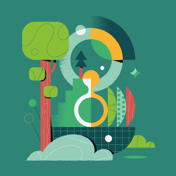 Green and geometric vector illustration. Natural module. Ruin in nature. Architectural and plant composition. Letter B. Art design with geometric and colorful shapes. Abstract and minimal landscape.
