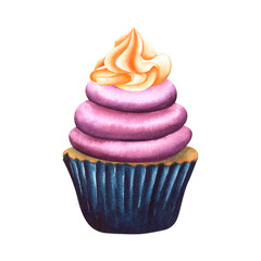 Sweet cupcake with decor and cream painted in watercolor and isolated on a white background