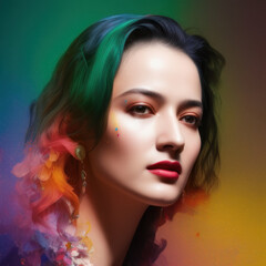 Generative AI abstract green long wavy hairs portrait of gorgeous woman with bright creative make up, abstract hairstyle. Beauty and fashion concept