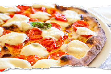 Creative picture of Pizza Margherita with Mozzarella cheese, basil and tomatoes.