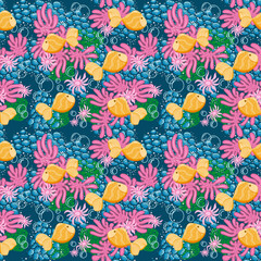 Seamless pattern funny goldfish, sea flowers, air bubbles and plants on dark blue background. Design for wallpaper, print, children's illustration, clothing, fabric, poster, flyer. Hand drawn vector