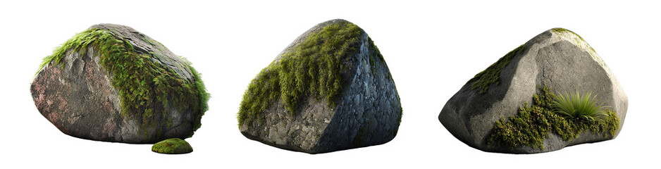 Beautiful natural rock with moss, transparent background, 3d rendering, can be used for natural garden yard decoration, generative ai.