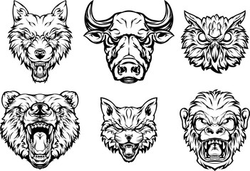 Head of bear, cat, monkey, owl, bull, wolf. Abstract character illustrations. Graphic logo design template for emblem. Image of portraits.
