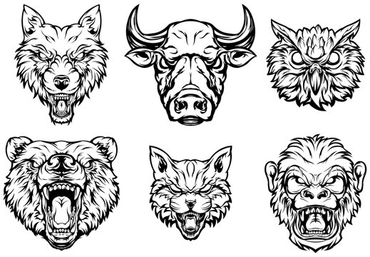Head of bear, cat, monkey, owl, bull, wolf. Abstract character illustrations. Graphic logo design template for emblem. Image of portraits.
