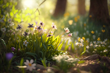 Flowers, with petals in pastel colors, swaying gently in the warm breeze, surrounded by lush green grass and tall trees, with shafts of sunlight filtering through the leaves, creating dappled shadows 