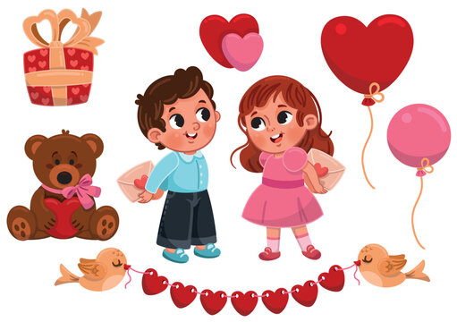 Happy Valentine’s Day Clipart Set. Cartoon little girl and little boy are holding love greeting cards. Birds, heart shape balloons, teddy bear, birds, gift box, love greeting card. Sticker print. 