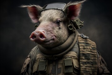 Portrait of a pig dressed in a tactical military uniform, generative ai - obrazy, fototapety, plakaty